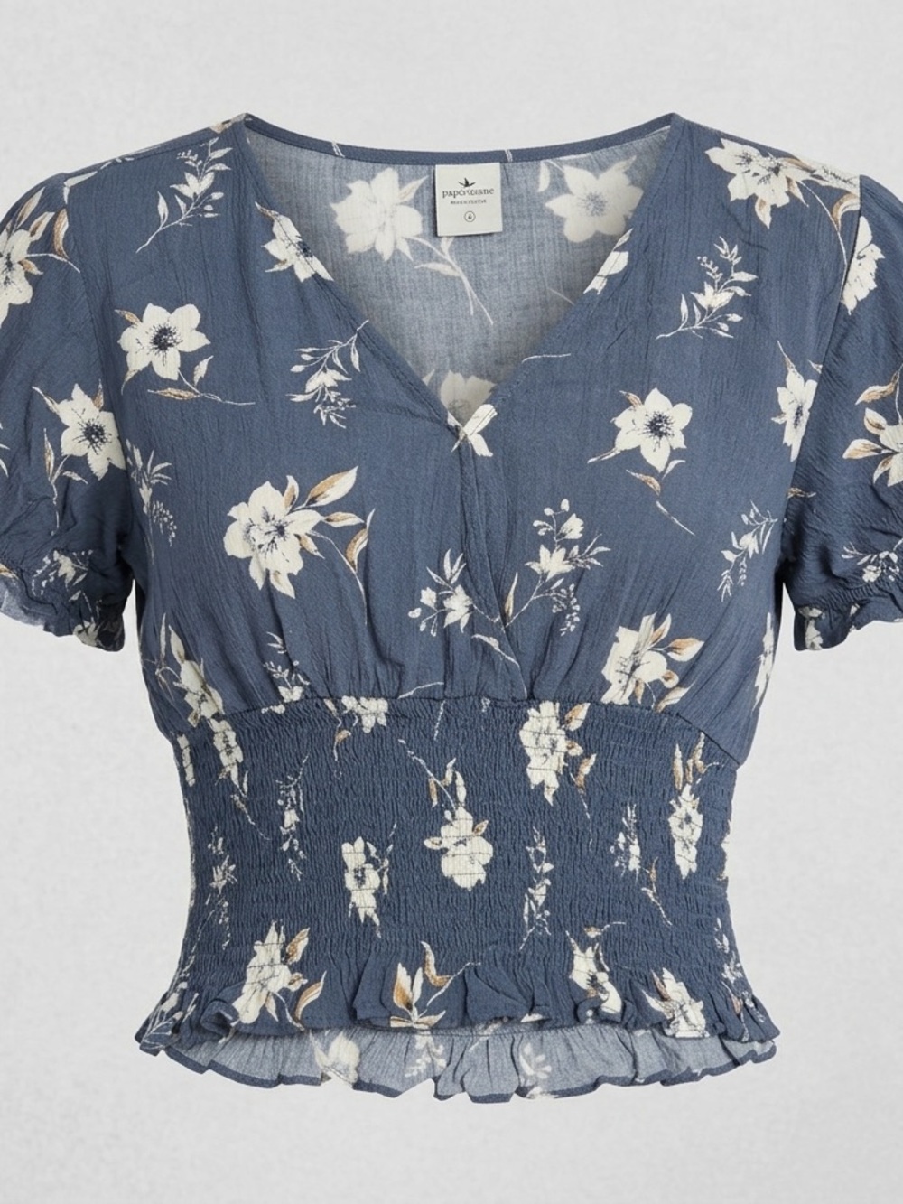 Paper Crane Navy Blue Floral Smocked Peplum Blouse